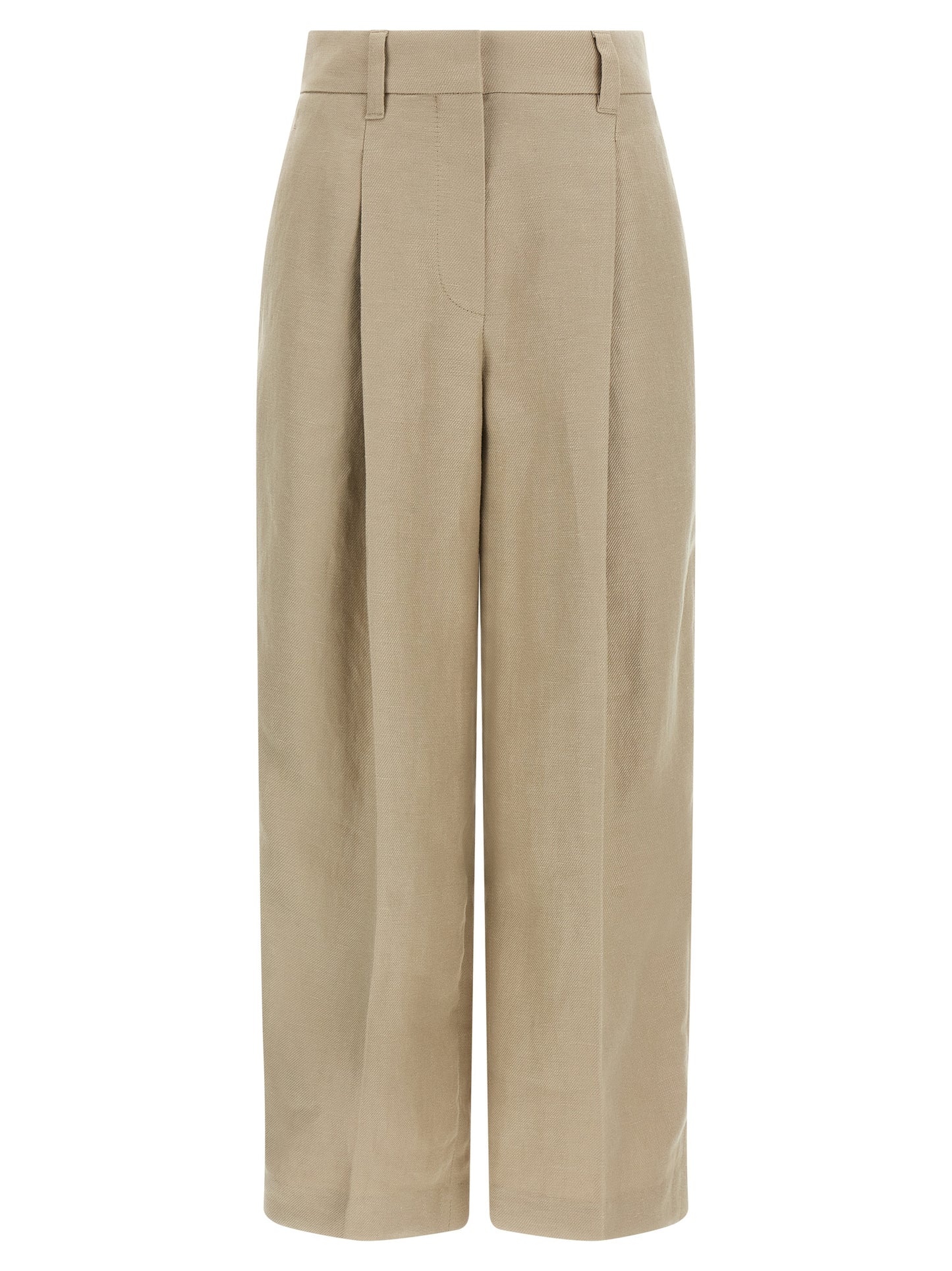 Trousers by Brunello Cucinelli for women in linen beige & signature presents a smart silhouette, meticulously detailed with a smart wide, a smart long, and a smart .