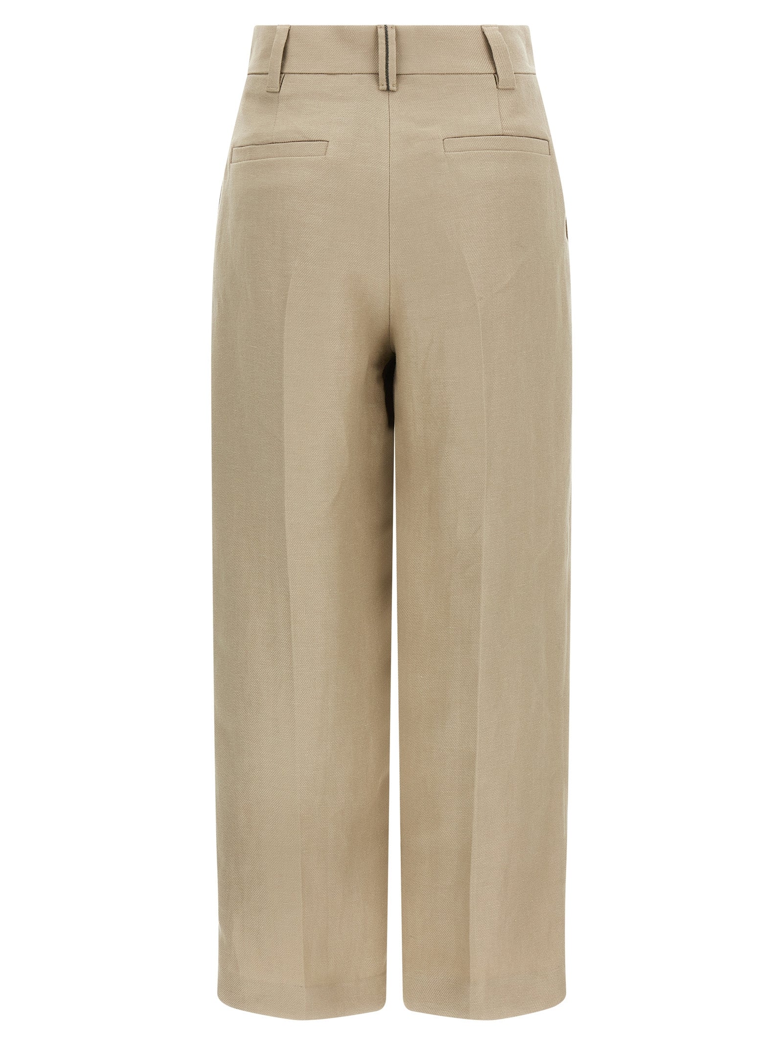 Trousers by Brunello Cucinelli for women in linen beige & signature features an sartorial silhouette, showcasing a precise wide and long with a sartorial for a refined look.