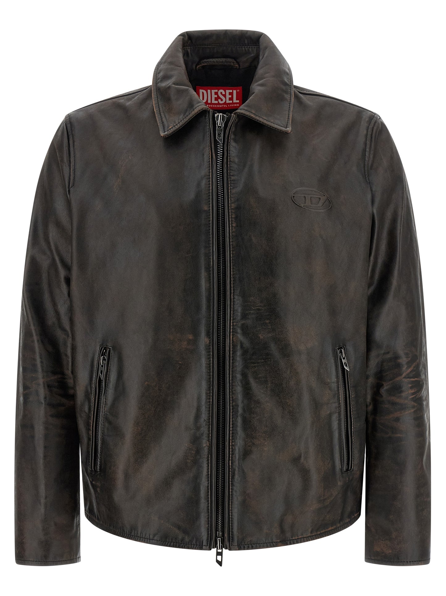 Jacket by Diesel for men in cowhide leather & viscose brown & monogram showcases a enveloping silhouette, artfully detailed with a enveloping shirt-collar neckline and premium pockets for a truly enveloping finish.
