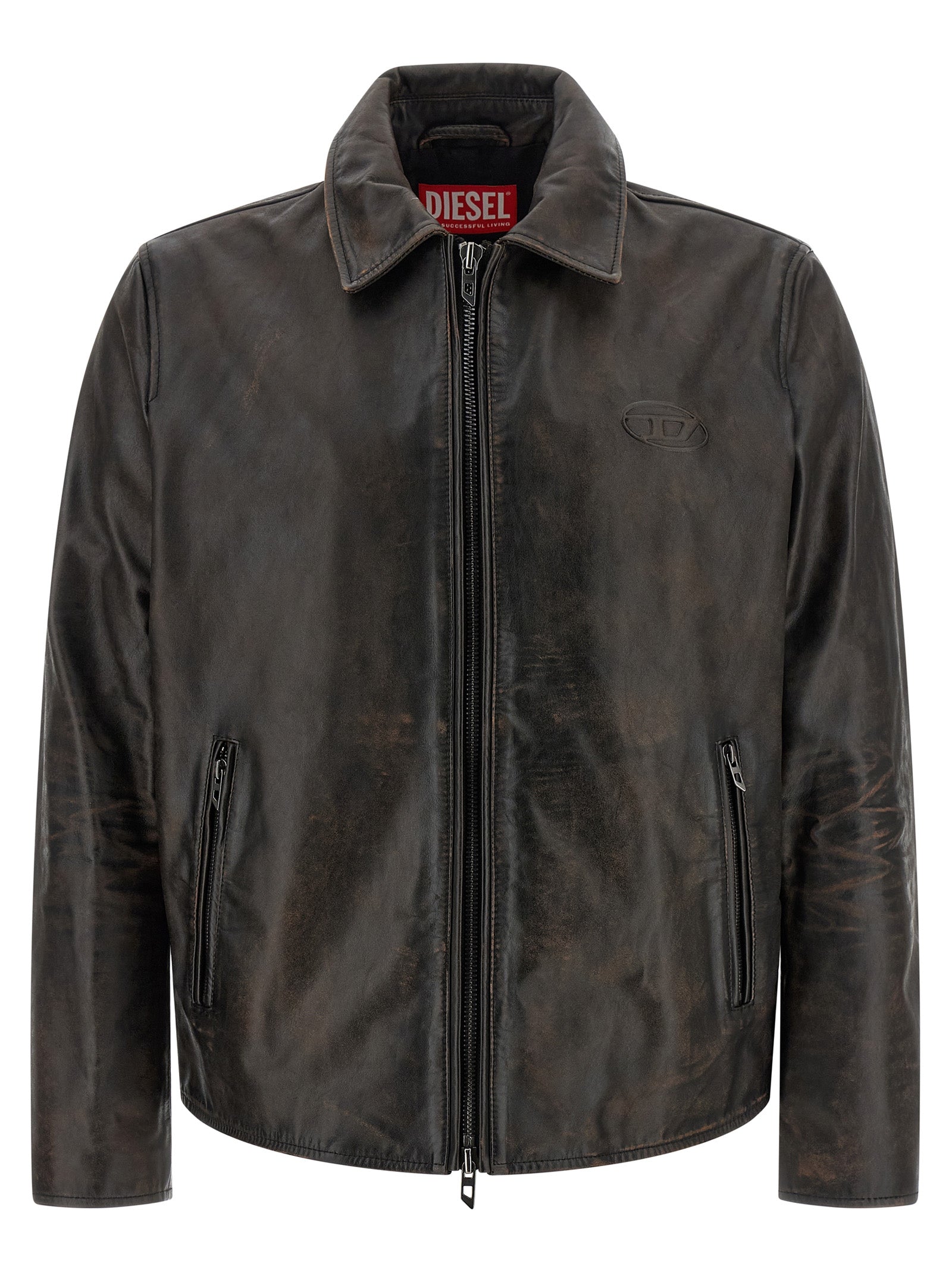 Jacket by Diesel for men in cowhide leather & viscose brown & monogram showcases a enveloping silhouette, artfully detailed with a enveloping shirt-collar neckline and premium pockets for a truly enveloping finish.