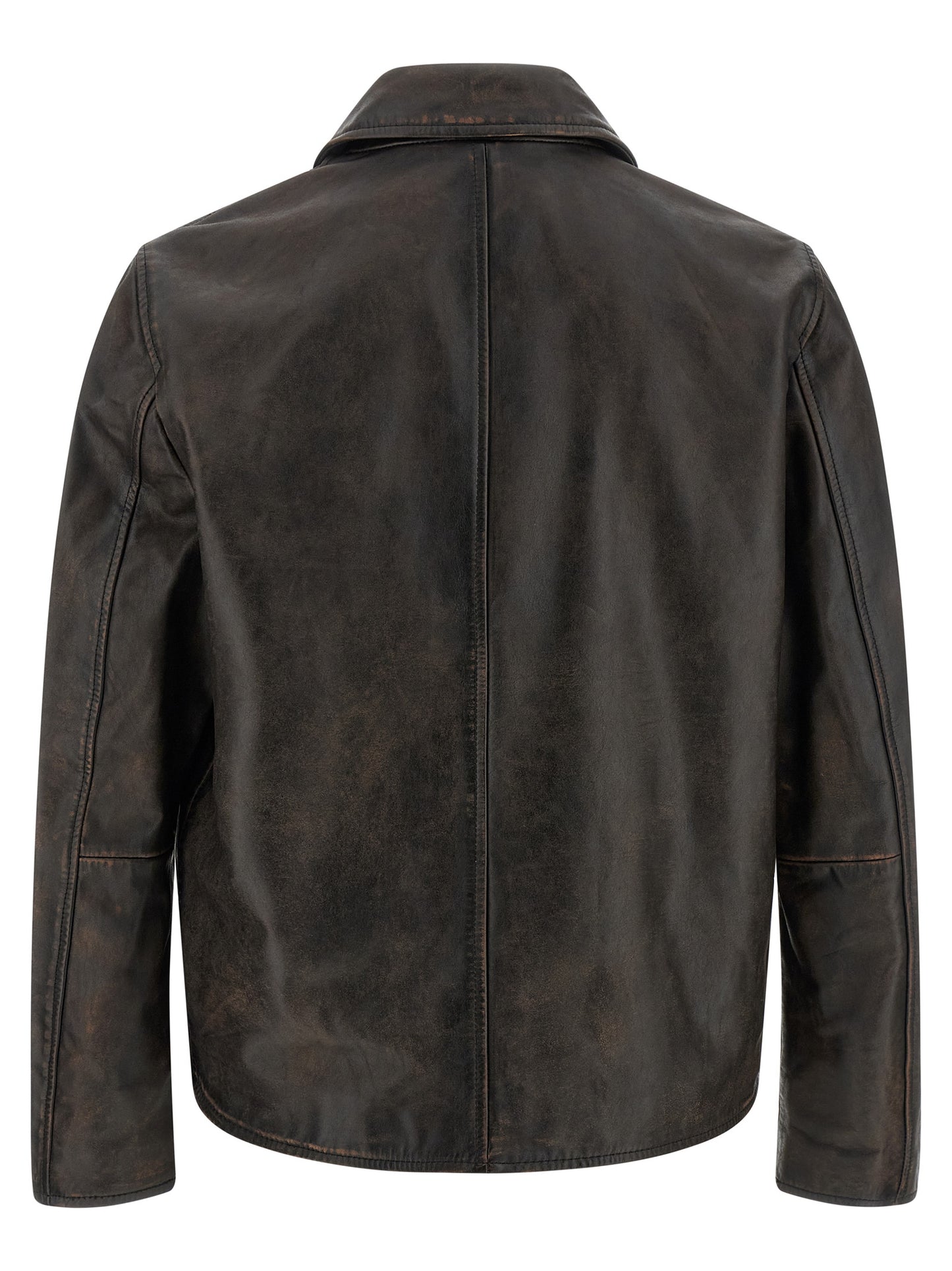Jacket by Diesel for men in cowhide leather & viscose brown & monogram features an utilitarian silhouette with a refined shirt-collar neckline, showcasing sophisticated pockets for an utilitarian aesthetic.