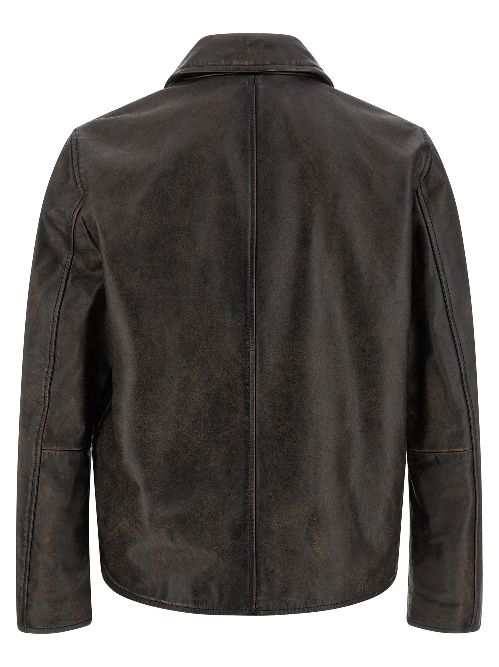 Jacket by Diesel for men in cowhide leather & viscose brown & monogram features an utilitarian silhouette with a refined shirt-collar neckline, showcasing sophisticated pockets for an utilitarian aesthetic.