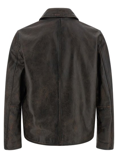 Jacket by Diesel for men in cowhide leather & viscose brown & monogram features an utilitarian silhouette with a refined shirt-collar neckline, showcasing sophisticated pockets for an utilitarian aesthetic.