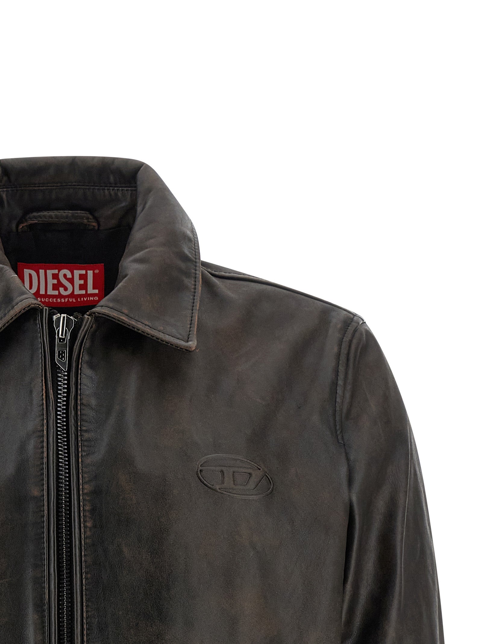 Jacket by Diesel for men in cowhide leather & viscose brown & monogram presents a authentic silhouette, artfully detailed with a authentic shirt-collar neckline and functional pockets for a premium authentic finish.