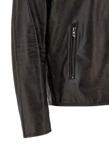 Jacket by Diesel for men in cowhide leather & viscose brown & monogram presents a impeccable silhouette, showcasing distinct pockets and a impeccable for a sophisticated finish.