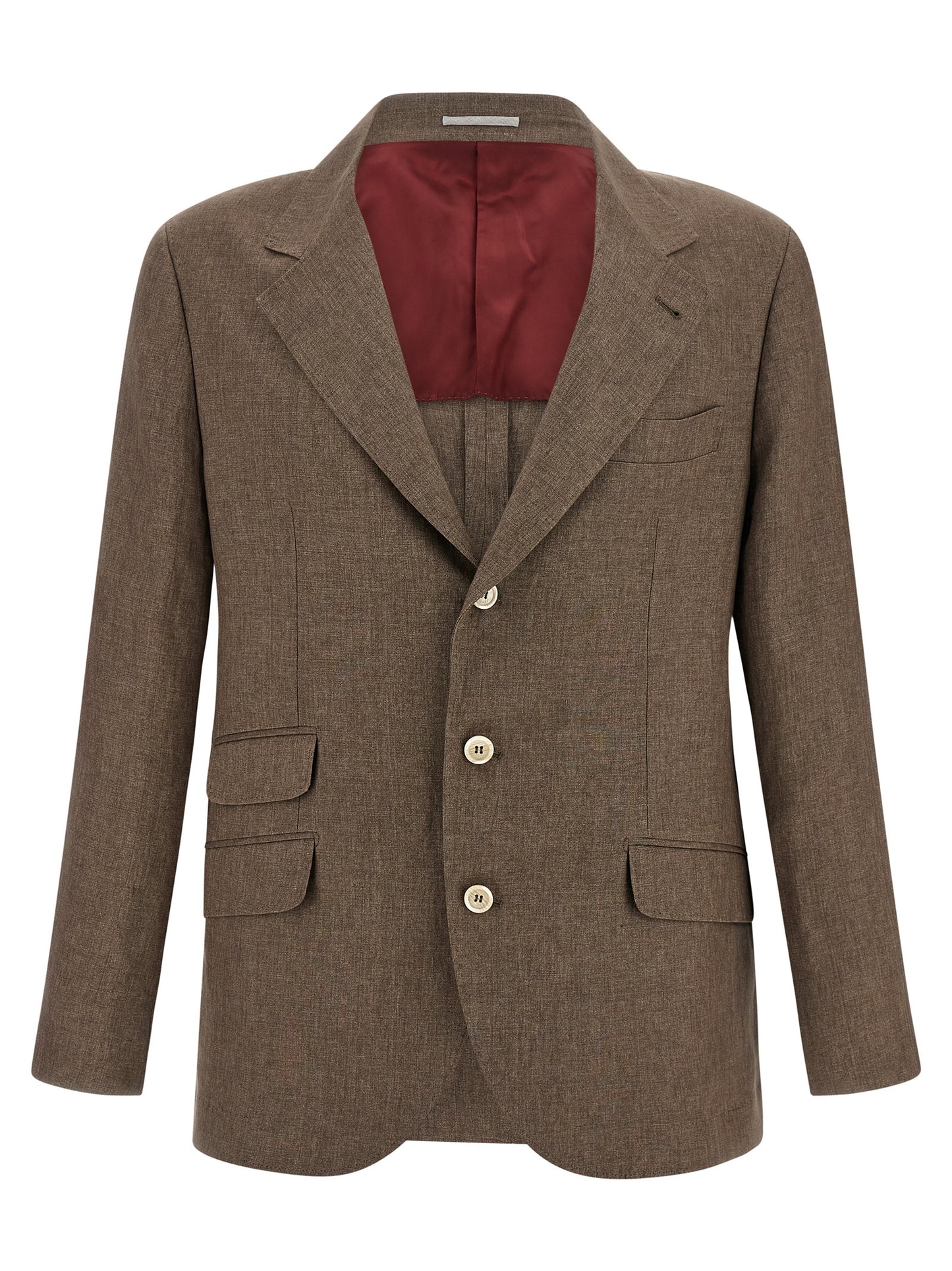 This Blazer by Brunello Cucinelli for men in linen & cupro brown & horn presents a tailored silhouette, meticulously tailored with a tailored and distinctive for a tailored finish.
