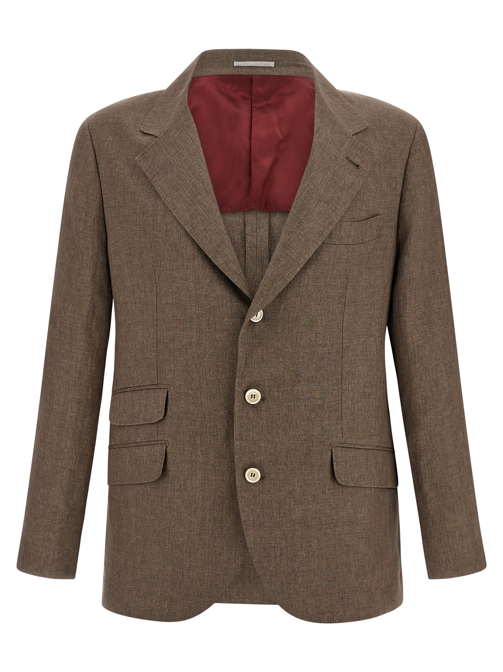 This Blazer by Brunello Cucinelli for men in linen & cupro brown & horn presents a tailored silhouette, meticulously tailored with a tailored and distinctive for a tailored finish.