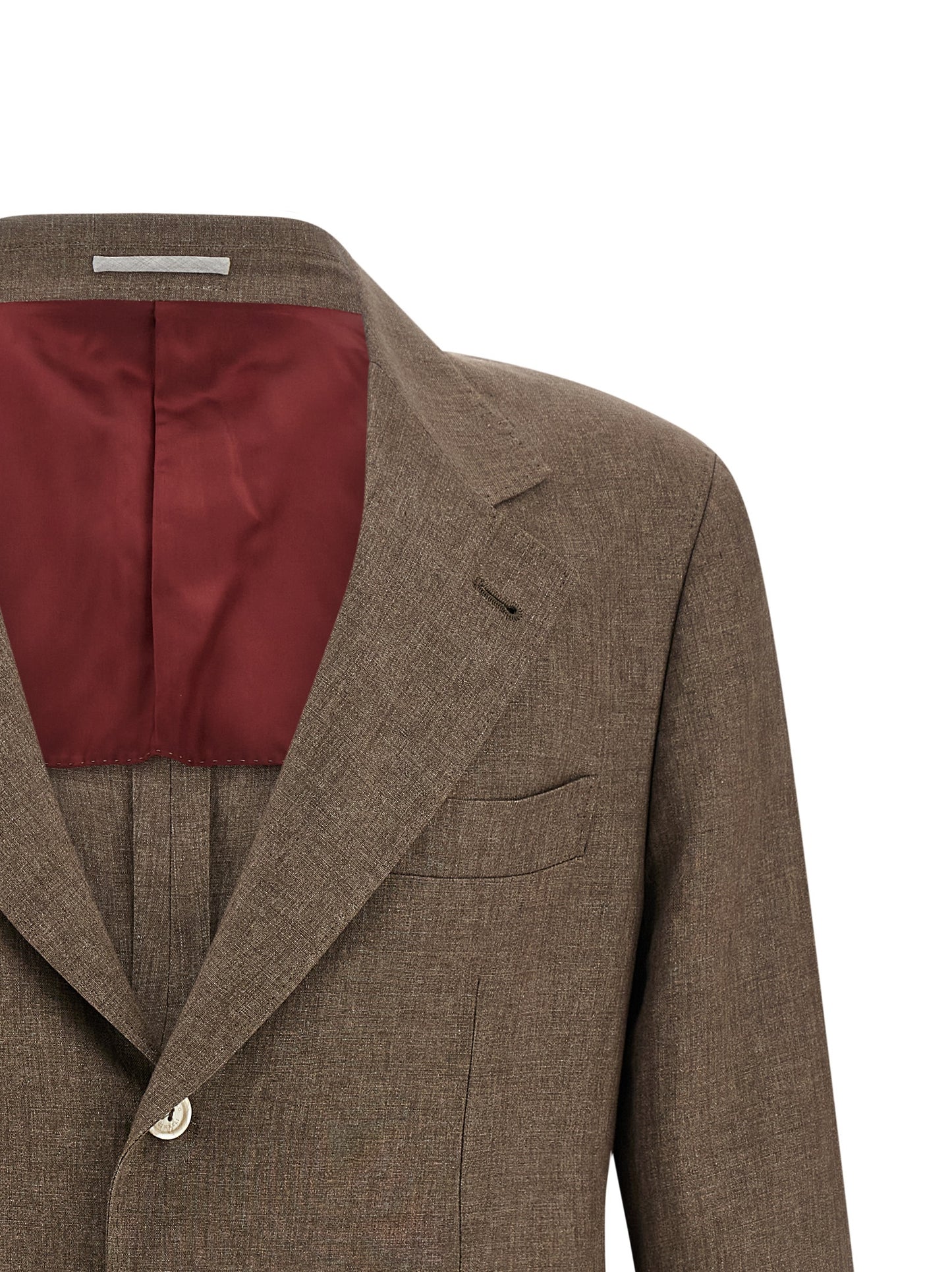 Blazer by Brunello Cucinelli for men in linen & cupro brown & horn showcases a polished silhouette, highlighted by a refined and polished for a sophisticated finish.
