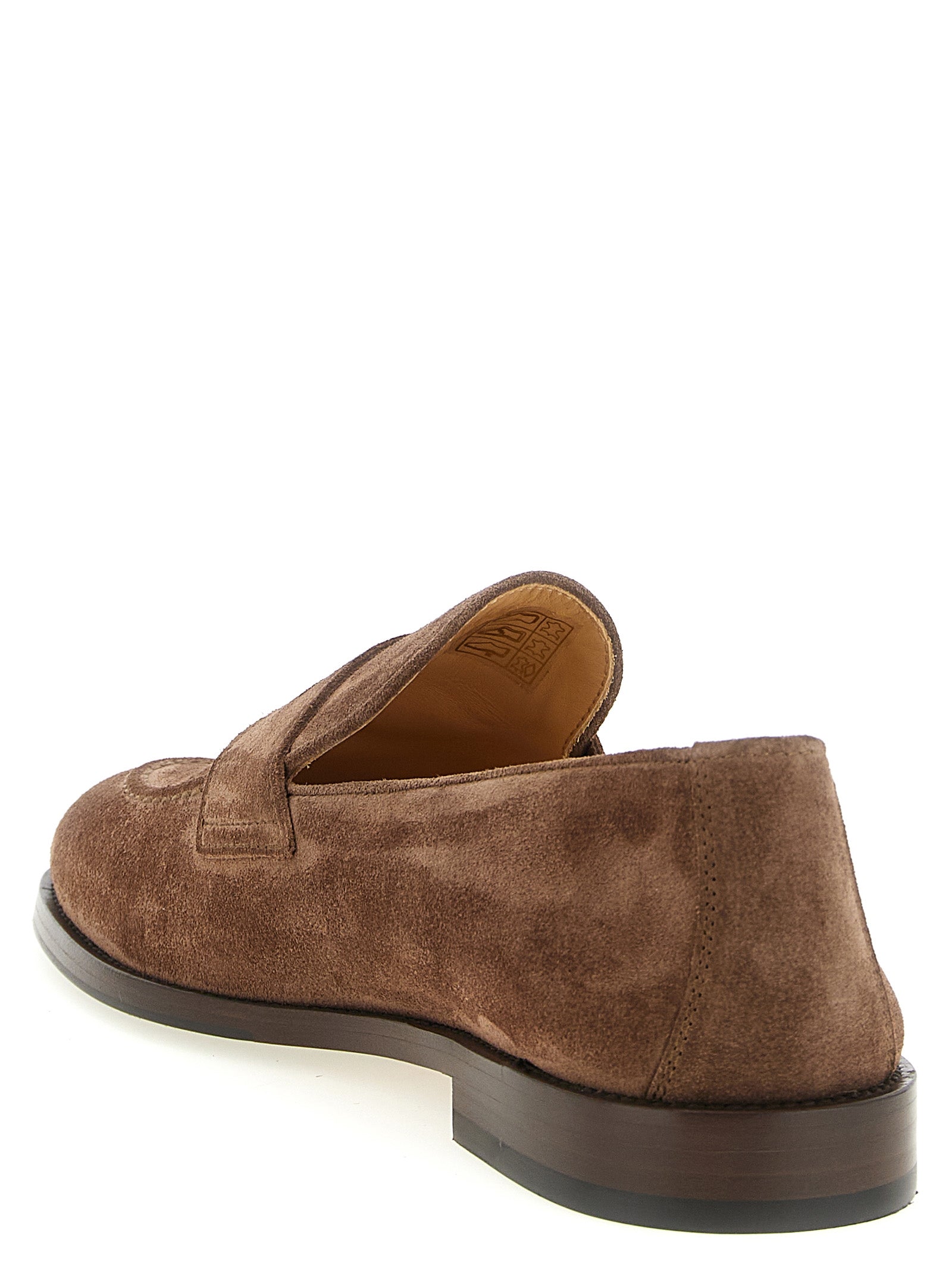 Loafer Slip-On Shoes by Brunello Cucinelli for men in tu & calfskin suede leather brown features an ergonomic silhouette, perfectly showcasing Men's TU & Calfskin Suede Leather Loafer Slip-On Shoes with its distinct and elegant almond toe style.