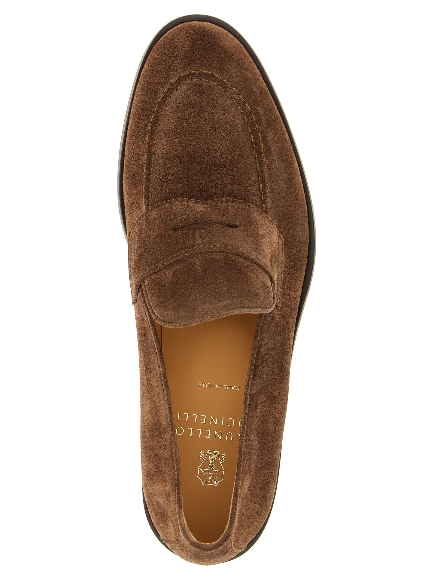 This Loafer Slip-On Shoes by Brunello Cucinelli for men in tu & calfskin suede leather brown features an exquisite silhouette from the Men's TU & Calfskin Suede Leather Loafer Slip-On Shoes collection, defined by a sophisticated and elegant almond toe style.