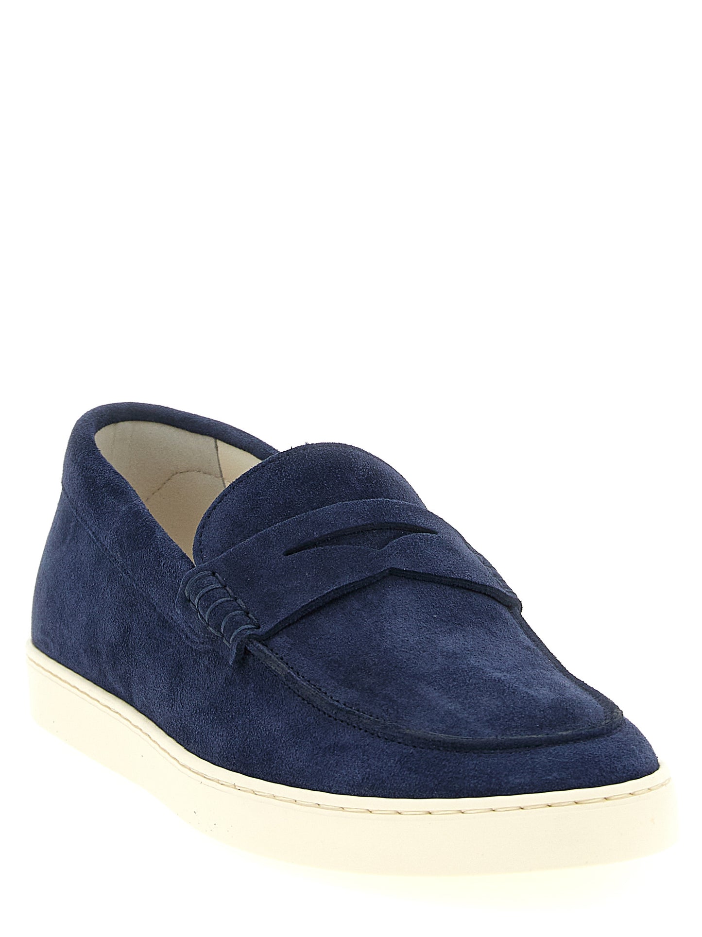 Loafer Slip-On Shoes by Brunello Cucinelli for men in latex & suede calfskin leather blue & natural features an effortless chic silhouette, showcasing the Men's Latex & Suede Calfskin Leather Loafer Slip-On Shoes design with an effortless chic and a for a effortless chic look.