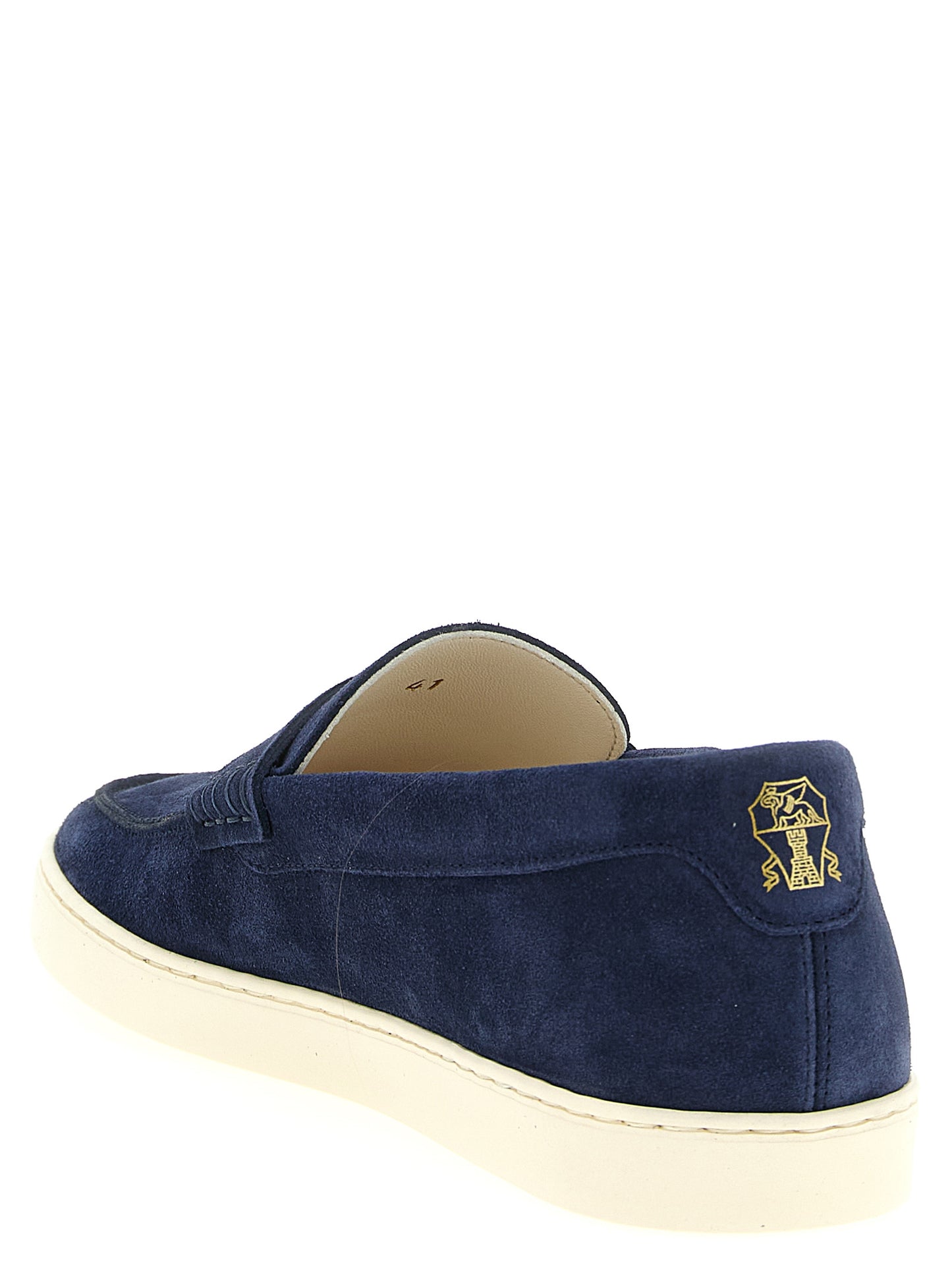 Loafer Slip-On Shoes by Brunello Cucinelli for men in latex & suede calfskin leather blue & natural features an ergonomic silhouette, perfectly showcasing Men's Latex & Suede Calfskin Leather Loafer Slip-On Shoes with its distinct and elegant .