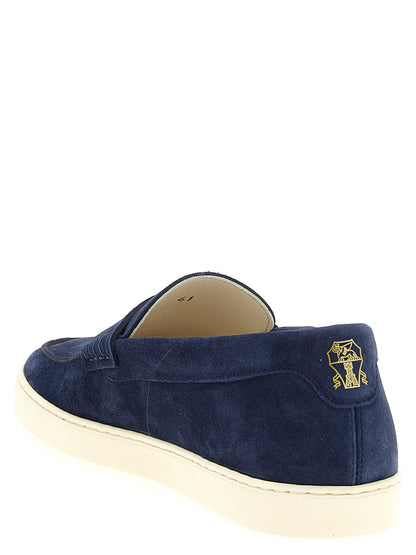 Loafer Slip-On Shoes by Brunello Cucinelli for men in latex & suede calfskin leather blue & natural features an ergonomic silhouette, perfectly showcasing Men's Latex & Suede Calfskin Leather Loafer Slip-On Shoes with its distinct and elegant .