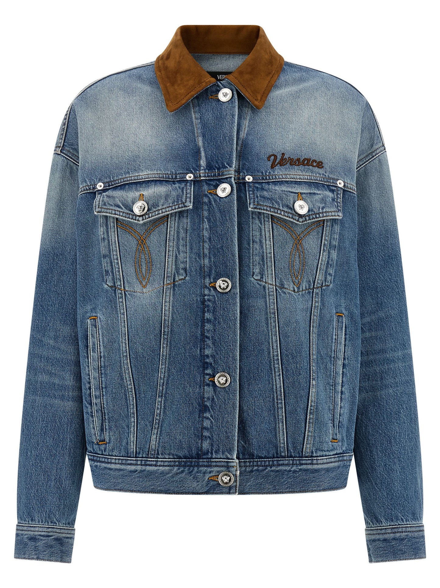 Trucker Jacket by Versace for women in denim cotton & suede leather blue presents a effortlessly chic silhouette, showcasing a sophisticated and premium for a truly effortlessly chic finish.