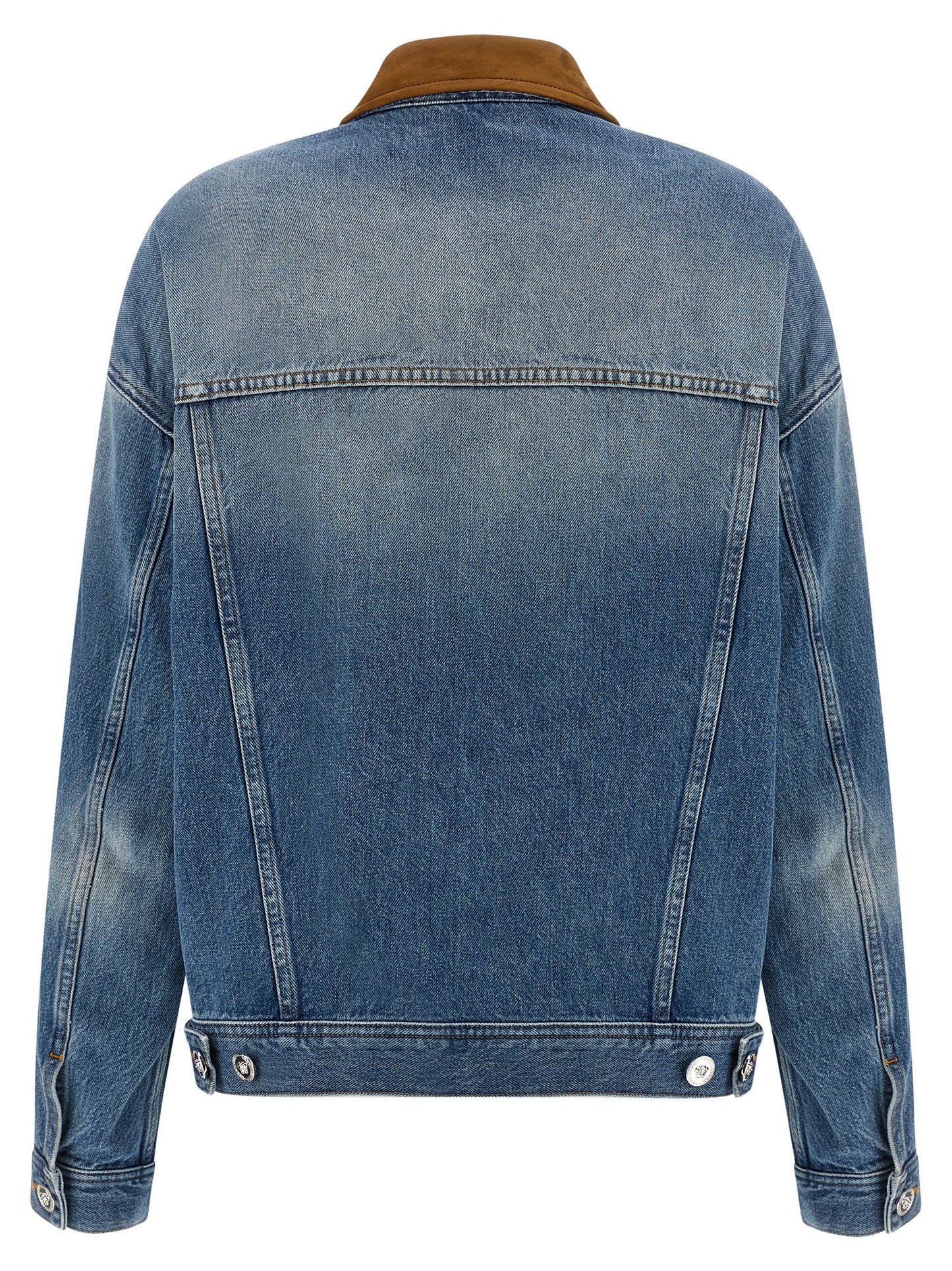 Trucker Jacket by Versace for women in denim cotton & suede leather blue features an contemporary silhouette, showcasing a sophisticated and contemporary for a truly refined look.
