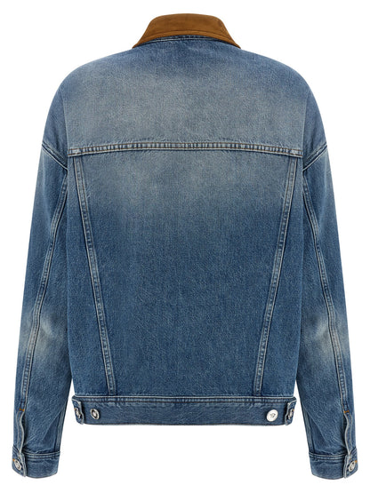 Trucker Jacket by Versace for women in denim cotton & suede leather blue features an contemporary silhouette, showcasing a sophisticated and contemporary for a truly refined look.