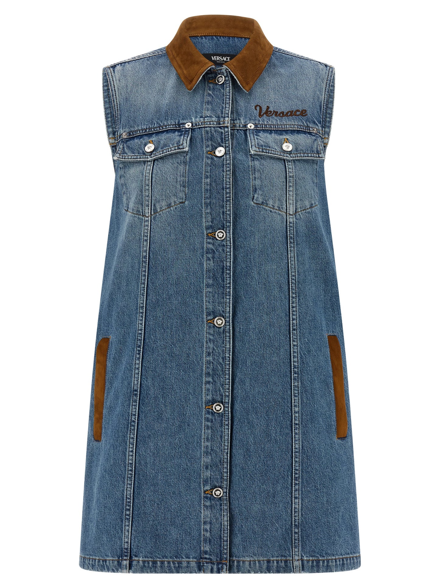 Dress by Versace for women in denim cotton & suede leather blue & signature features an cute silhouette, detailed with a and that elegantly flows into a cute short mini.