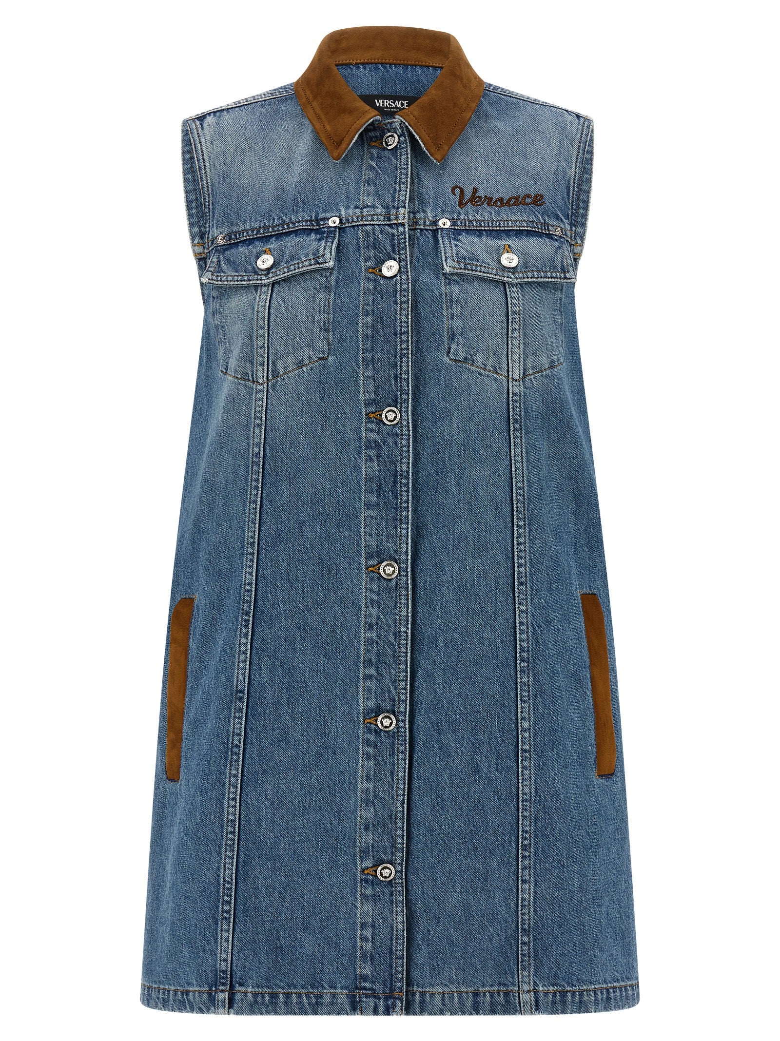 Dress by Versace for women in denim cotton & suede leather blue & signature features an cute silhouette, detailed with a and that elegantly flows into a cute short mini.