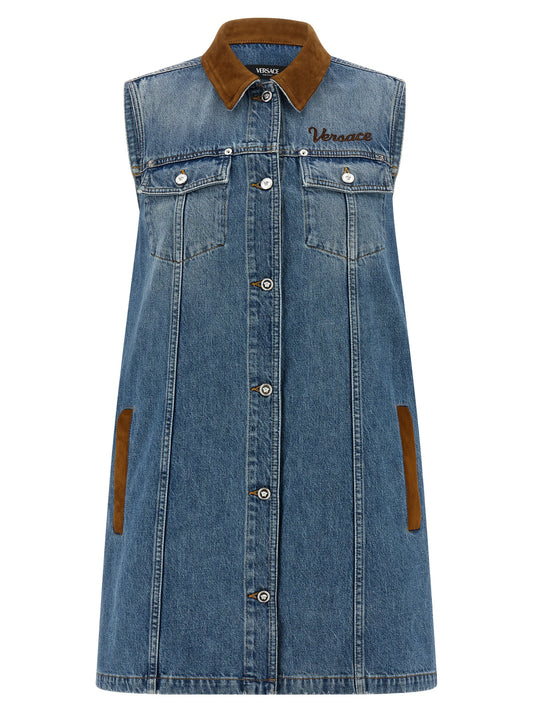 Dress by Versace for women in denim cotton & suede leather blue & signature features an cute silhouette, detailed with a and that elegantly flows into a cute short mini.