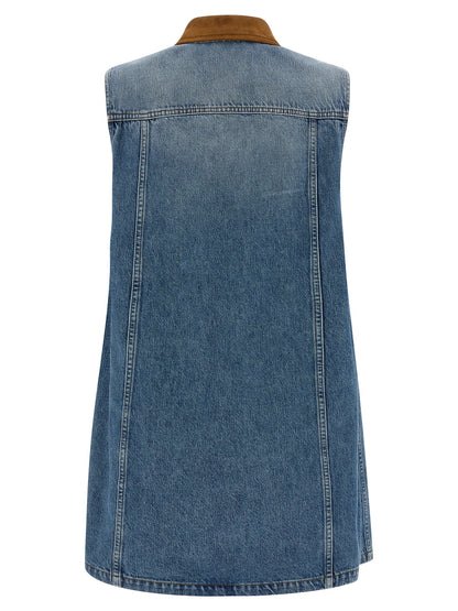 Dress by Versace for women in denim cotton & suede leather blue & signature features an magnificent silhouette, artfully detailed with a magnificent and that flows into an magnificent short mini.