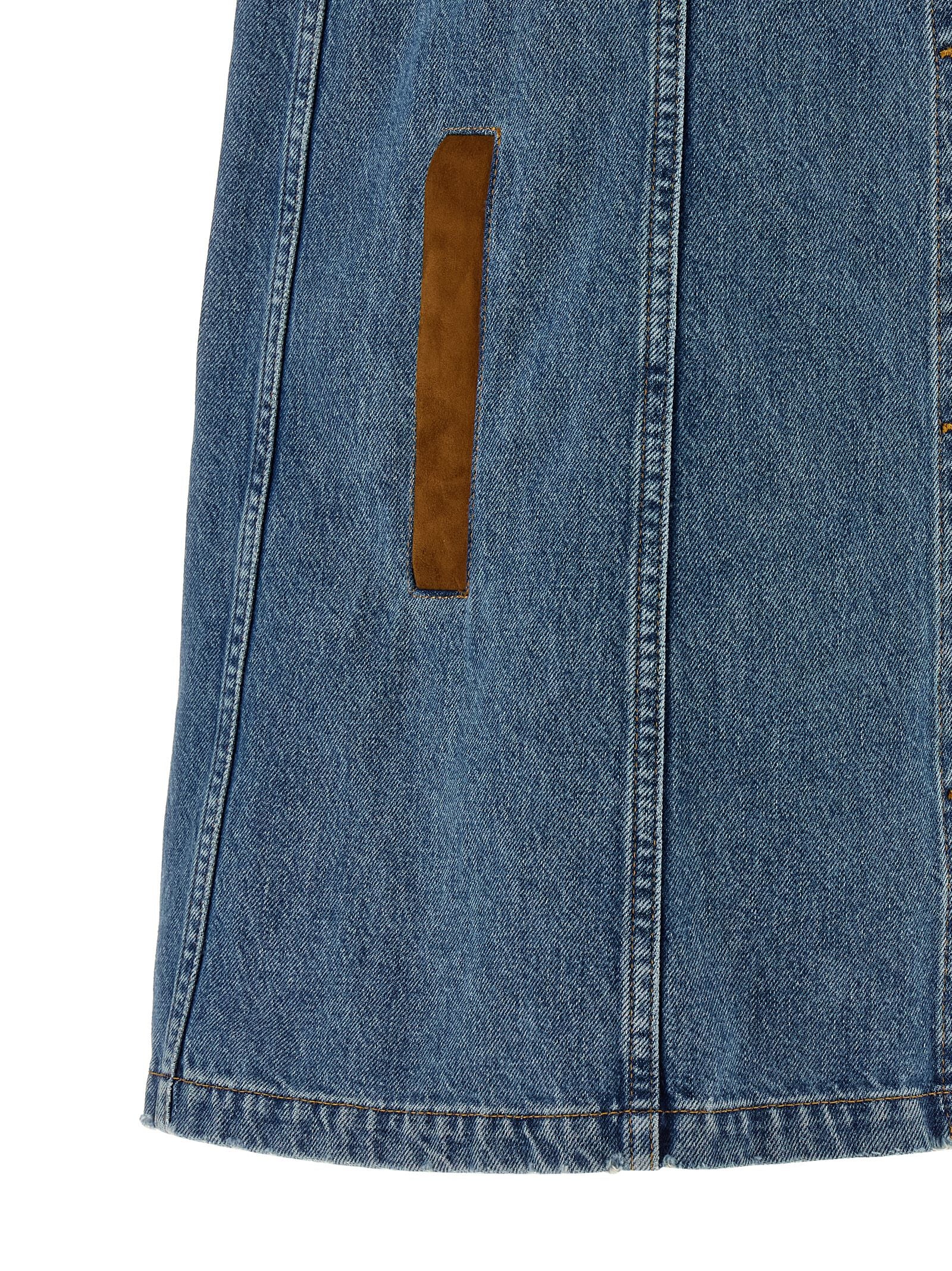 Dress by Versace for women in denim cotton & suede leather blue & signature presents a sinuous silhouette, showcasing a sophisticated and detailed with a sinuous short mini for a refined finish.