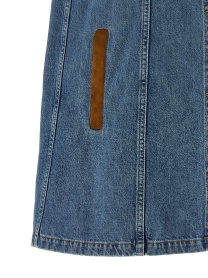 Dress by Versace for women in denim cotton & suede leather blue & signature presents a sinuous silhouette, showcasing a sophisticated and detailed with a sinuous short mini for a refined finish.