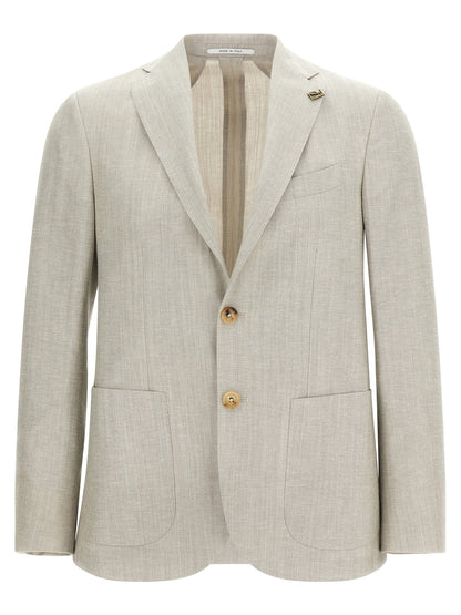 Blazer by Pal Zileri for men in cotton cupro wool & linen copper, gray, horn & signature showcases a polished silhouette, highlighted by a refined and polished for a sophisticated finish.
