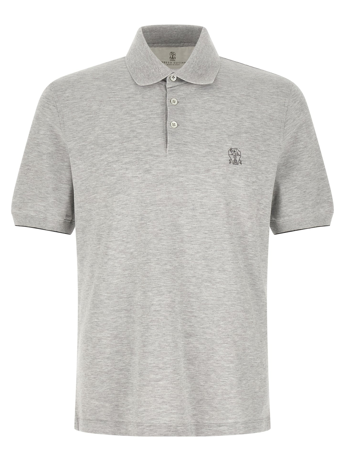 Polo Shirt by Brunello Cucinelli for men in cotton gray & jacquard showcases a sharp silhouette, detailed with a refined and sharp short-sleeve for a sophisticated finish.