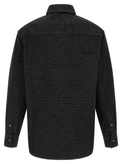 Overshirt by Casablanca for men in denim cotton black & monogram showcases a sleek silhouette, elegantly detailed with a sleek and for a sleek finish.