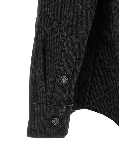 Overshirt by Casablanca for men in denim cotton black & monogram showcases a sharp silhouette, elegantly detailed with a sharp and sharp .