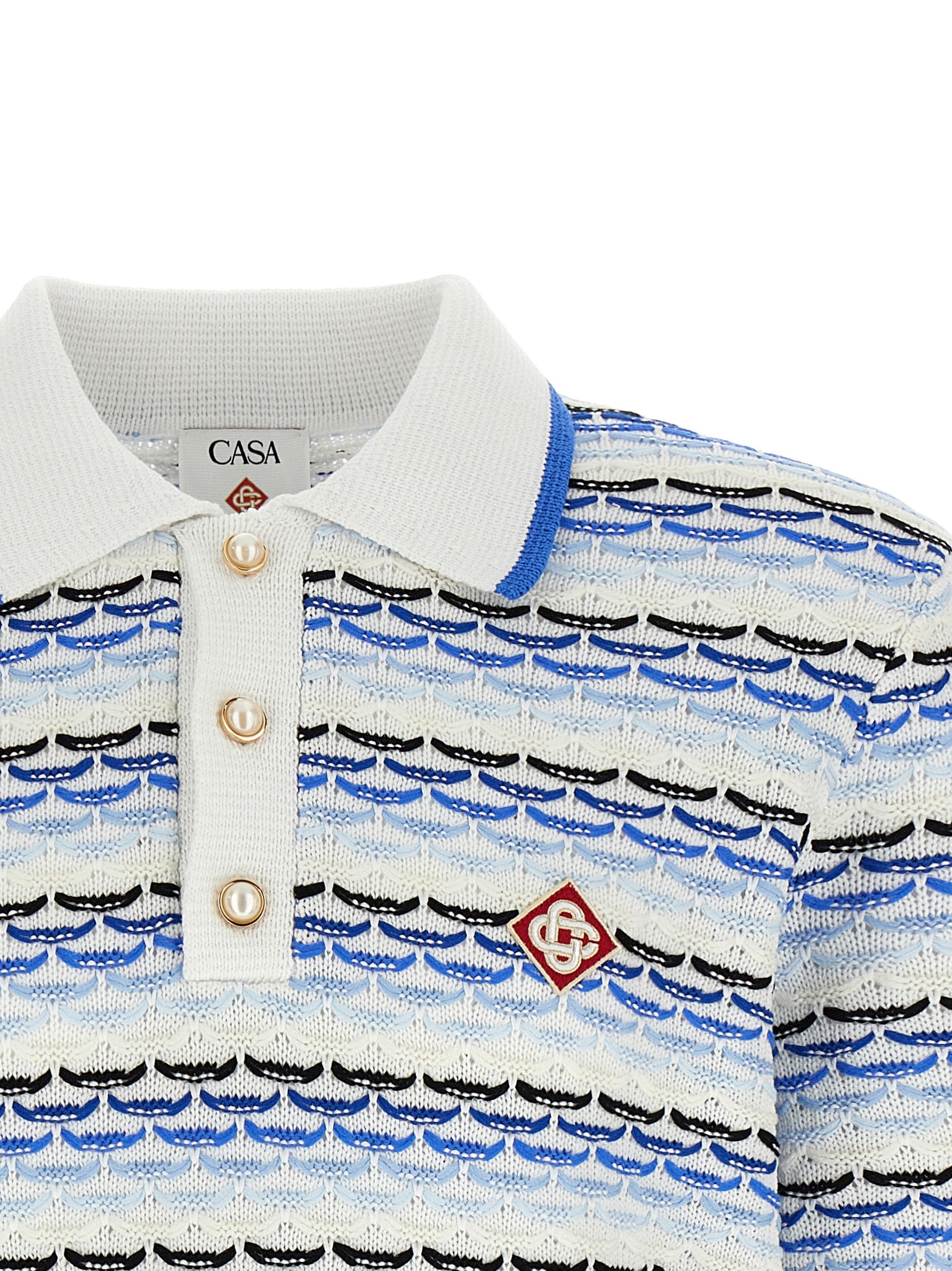 Polo Shirt by Casablanca for men in cotton blue & pearl presents a crisp silhouette, artfully detailed with a crisp and crisp .