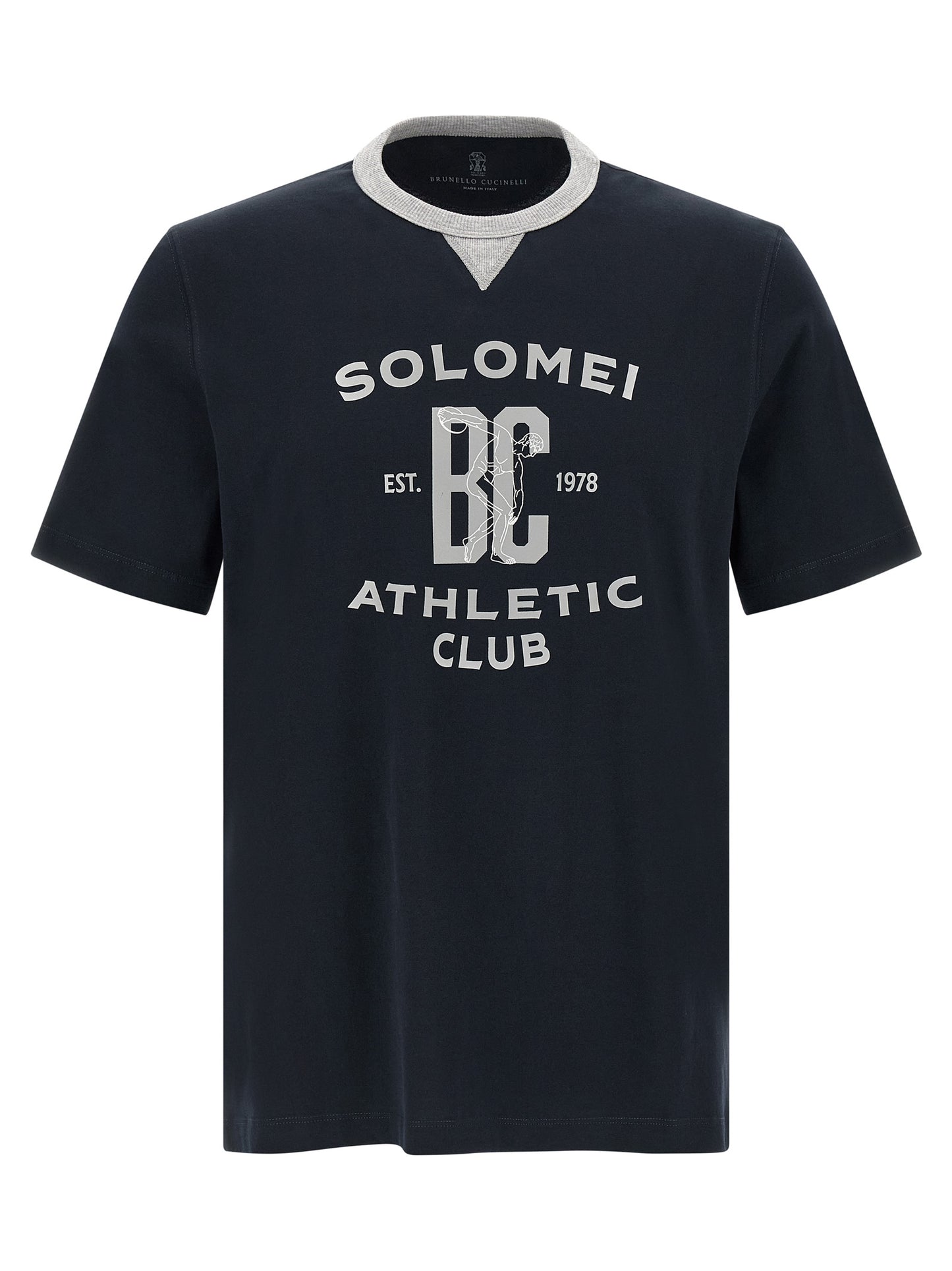 T-Shirt by Brunello Cucinelli for men in cotton blue & print showcases a chic silhouette, artfully detailed with a chic and short-sleeve for a chic finish.
