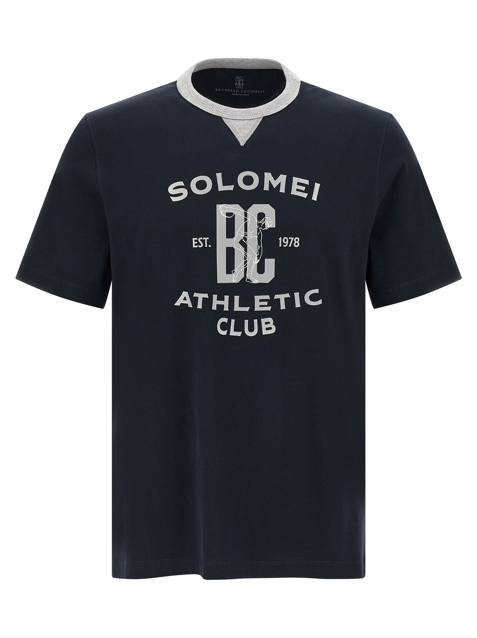 T-Shirt by Brunello Cucinelli for men in cotton blue & print showcases a chic silhouette, artfully detailed with a chic and short-sleeve for a chic finish.