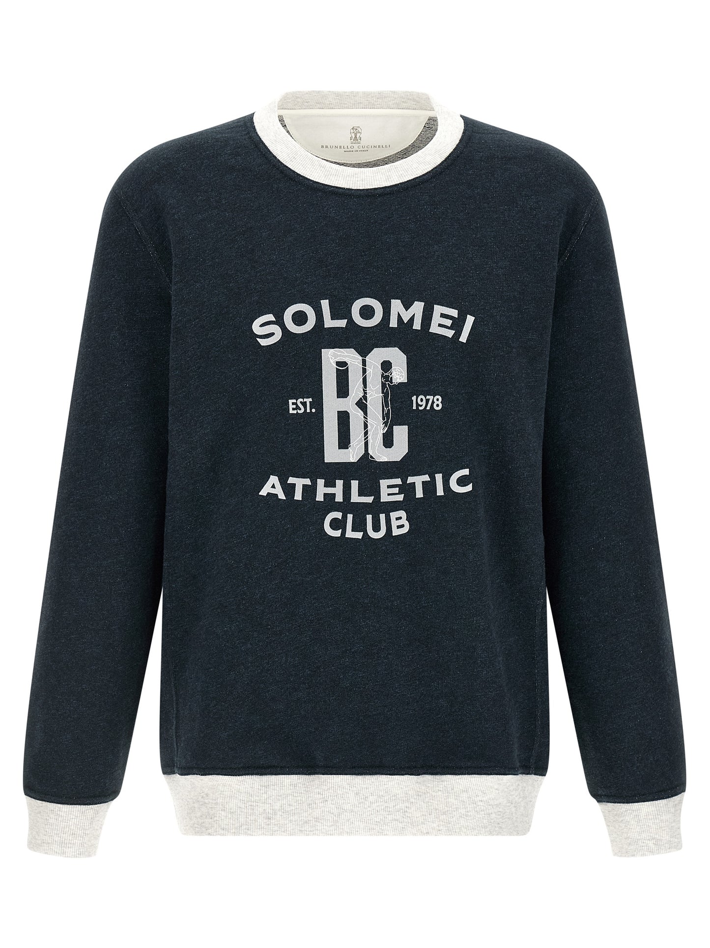 Sweatshirt by Brunello Cucinelli for men in linen & cotton blue & print features an provocated silhouette, detailed with a provocated long-sleeve and a refined crew neckline for a sophisticated aesthetic.