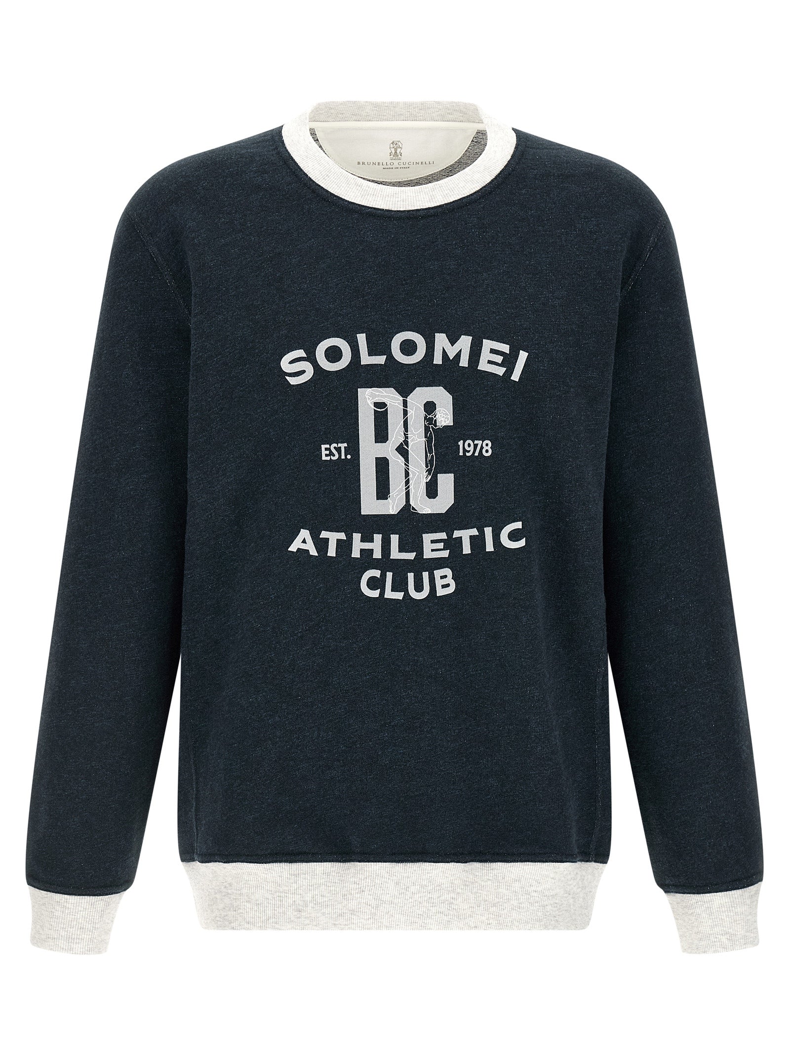 Sweatshirt by Brunello Cucinelli for men in linen & cotton blue & print features an provocated silhouette, detailed with a provocated long-sleeve and a refined crew neckline for a sophisticated aesthetic.