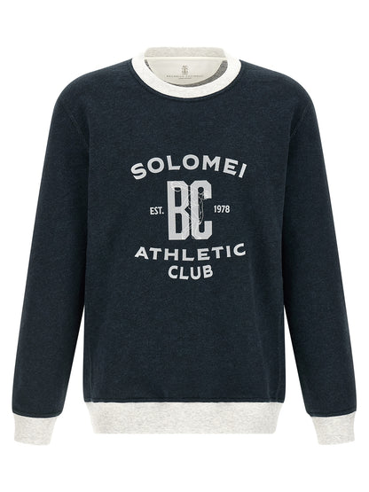 Sweatshirt by Brunello Cucinelli for men in linen & cotton blue & print features an provocated silhouette, detailed with a provocated long-sleeve and a refined crew neckline for a sophisticated aesthetic.