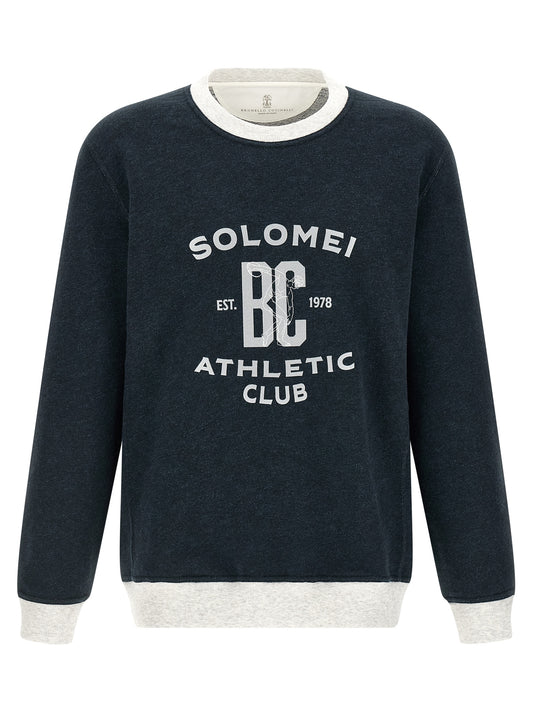 Sweatshirt by Brunello Cucinelli for men in linen & cotton blue & print features an provocated silhouette, detailed with a provocated long-sleeve and a refined crew neckline for a sophisticated aesthetic.