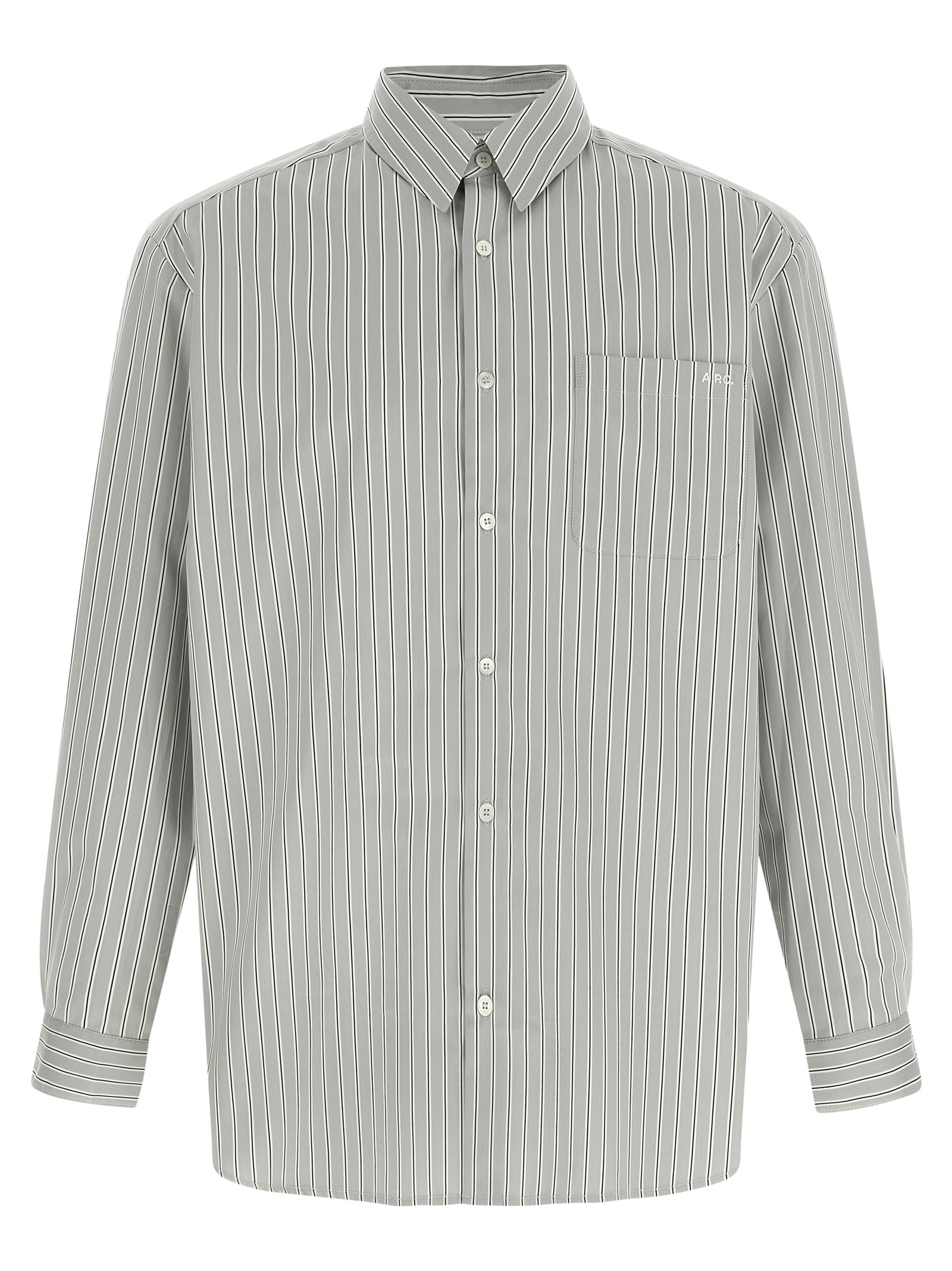 Blouse by A.P.C. for men in cotton gray & striped presents a discerning silhouette, showcasing a sophisticated and long-sleeve for a truly discerning finish.