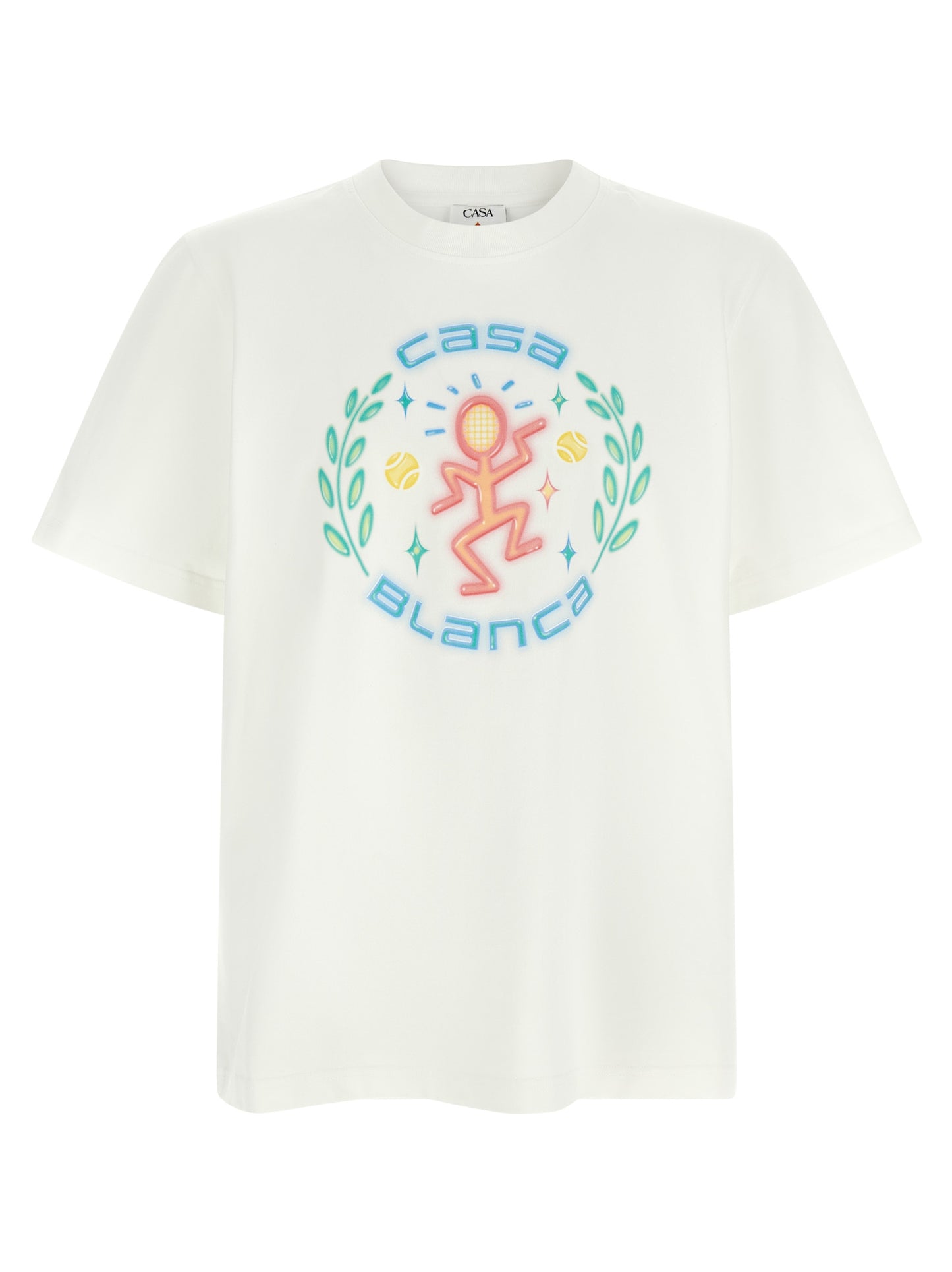 T-Shirt by Casablanca for men in organic cotton white & print showcases a dramatic silhouette, elegantly detailed with a dramatic crew neckline and short-sleeve for a truly dramatic finish.