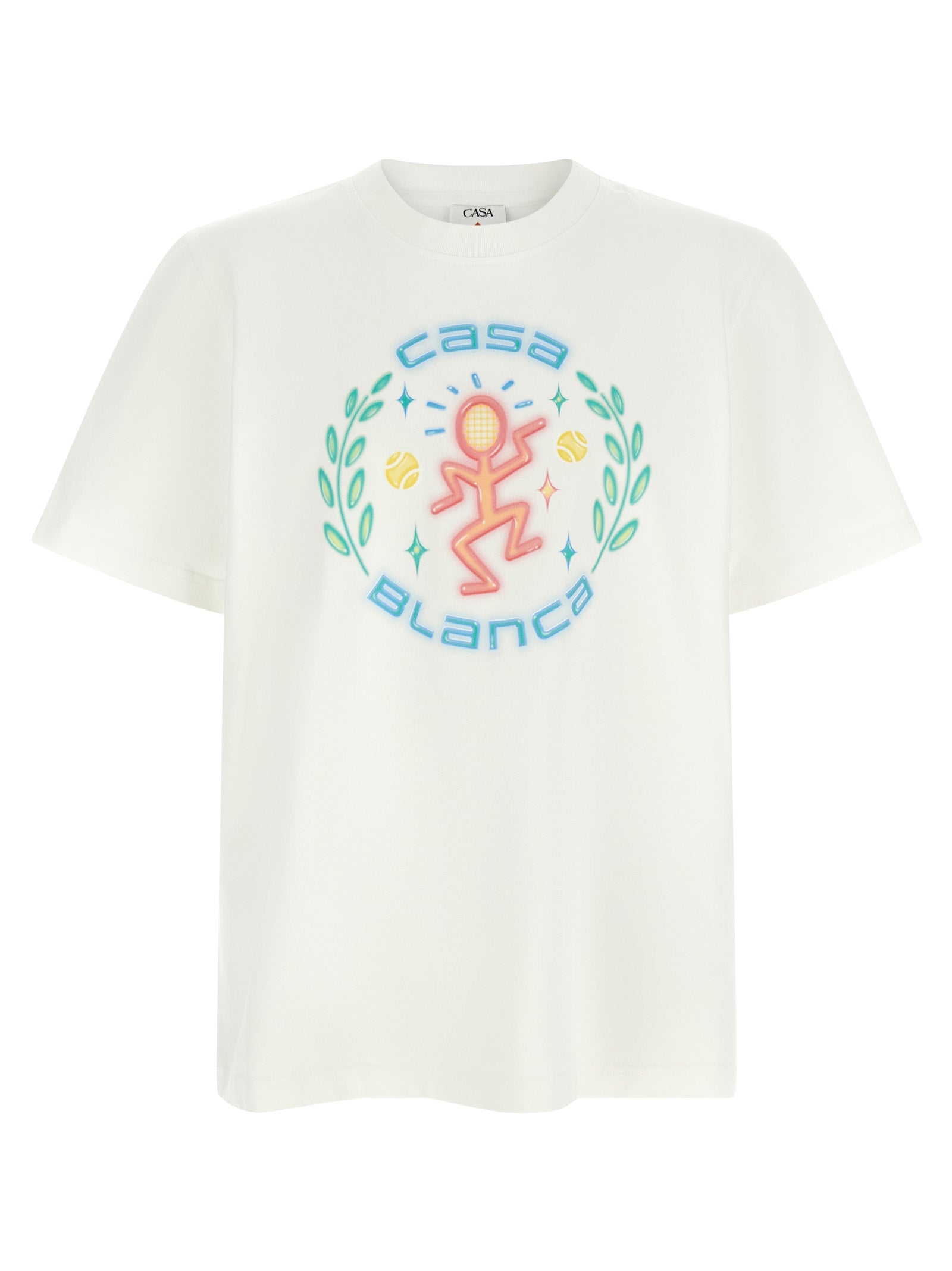 T-Shirt by Casablanca for men in organic cotton white & print showcases a dramatic silhouette, elegantly detailed with a dramatic crew neckline and short-sleeve for a truly dramatic finish.