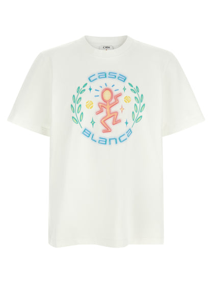 T-Shirt by Casablanca for men in organic cotton white & print showcases a dramatic silhouette, elegantly detailed with a dramatic crew neckline and short-sleeve for a truly dramatic finish.