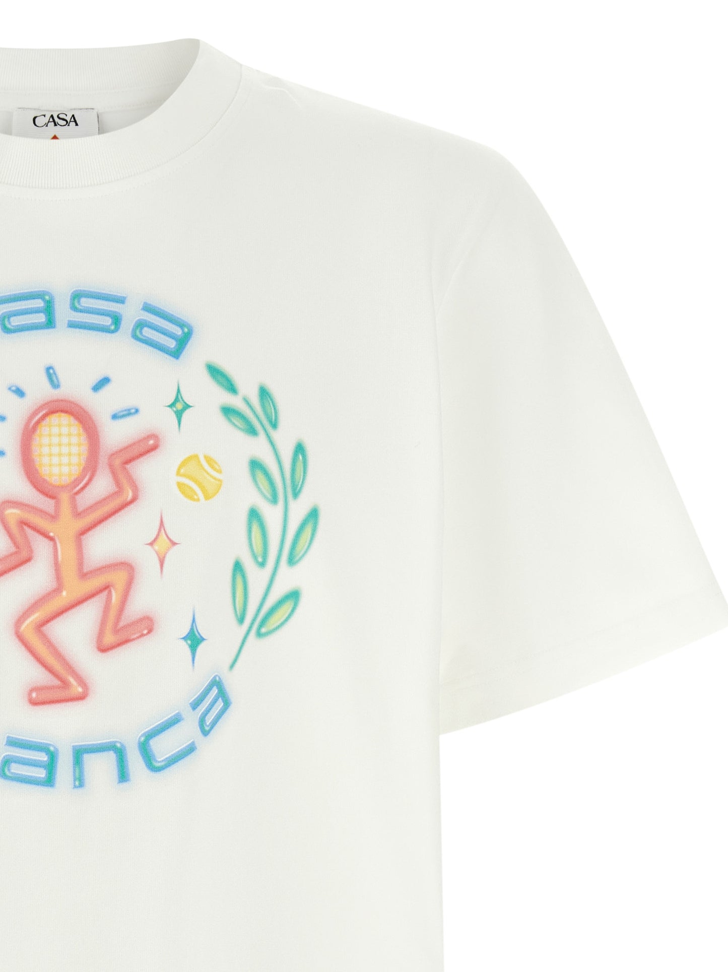 T-Shirt by Casablanca for men in organic cotton white & print features an edgy silhouette, meticulously detailed with a sophisticated and crew neckline for a truly edgy finish.