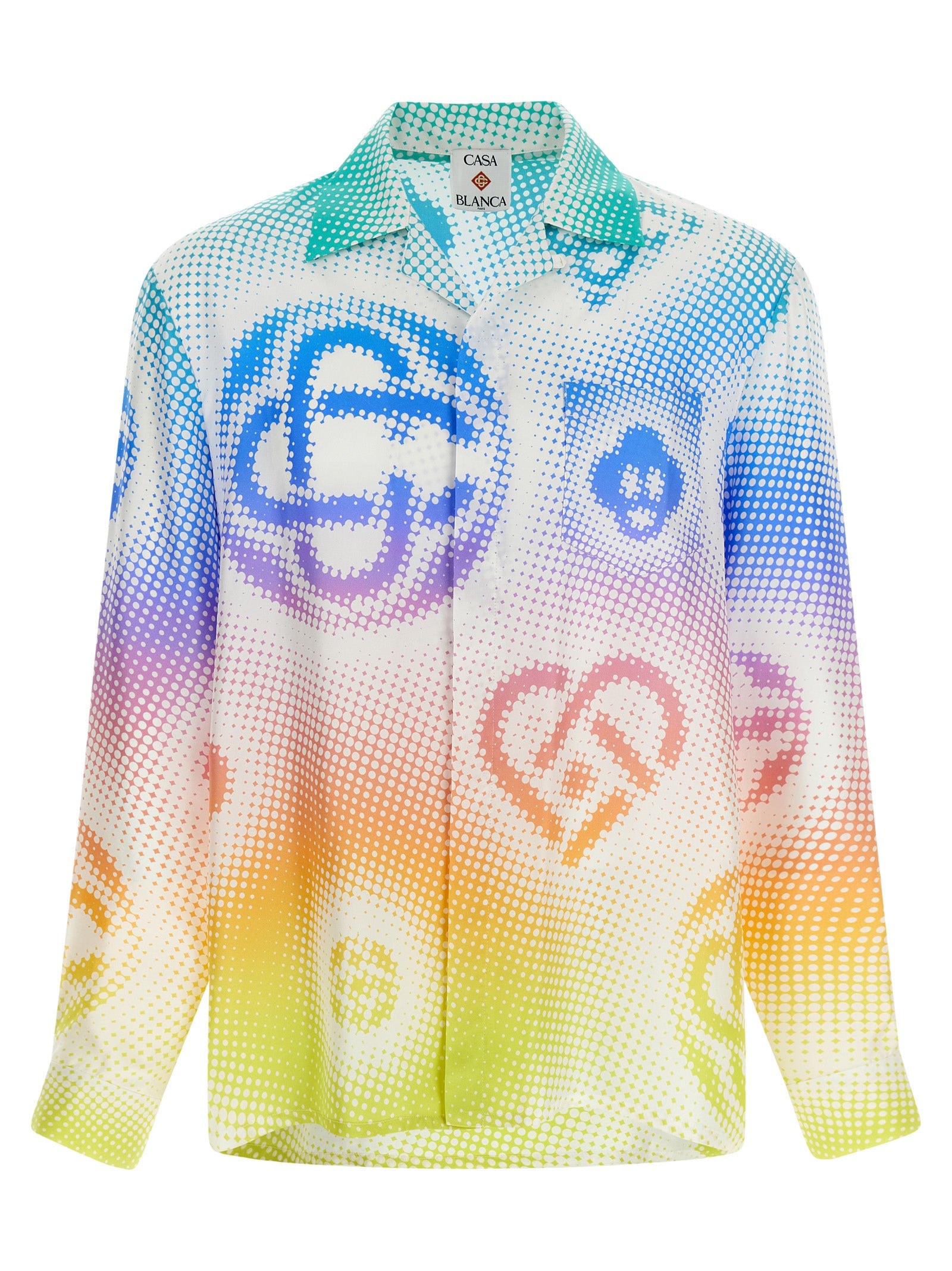 Shirt by Casablanca for men in silk twill multicolor & patterned showcases a sharp silhouette, elegantly detailed with a sharp cuban-collar neckline and sharp .