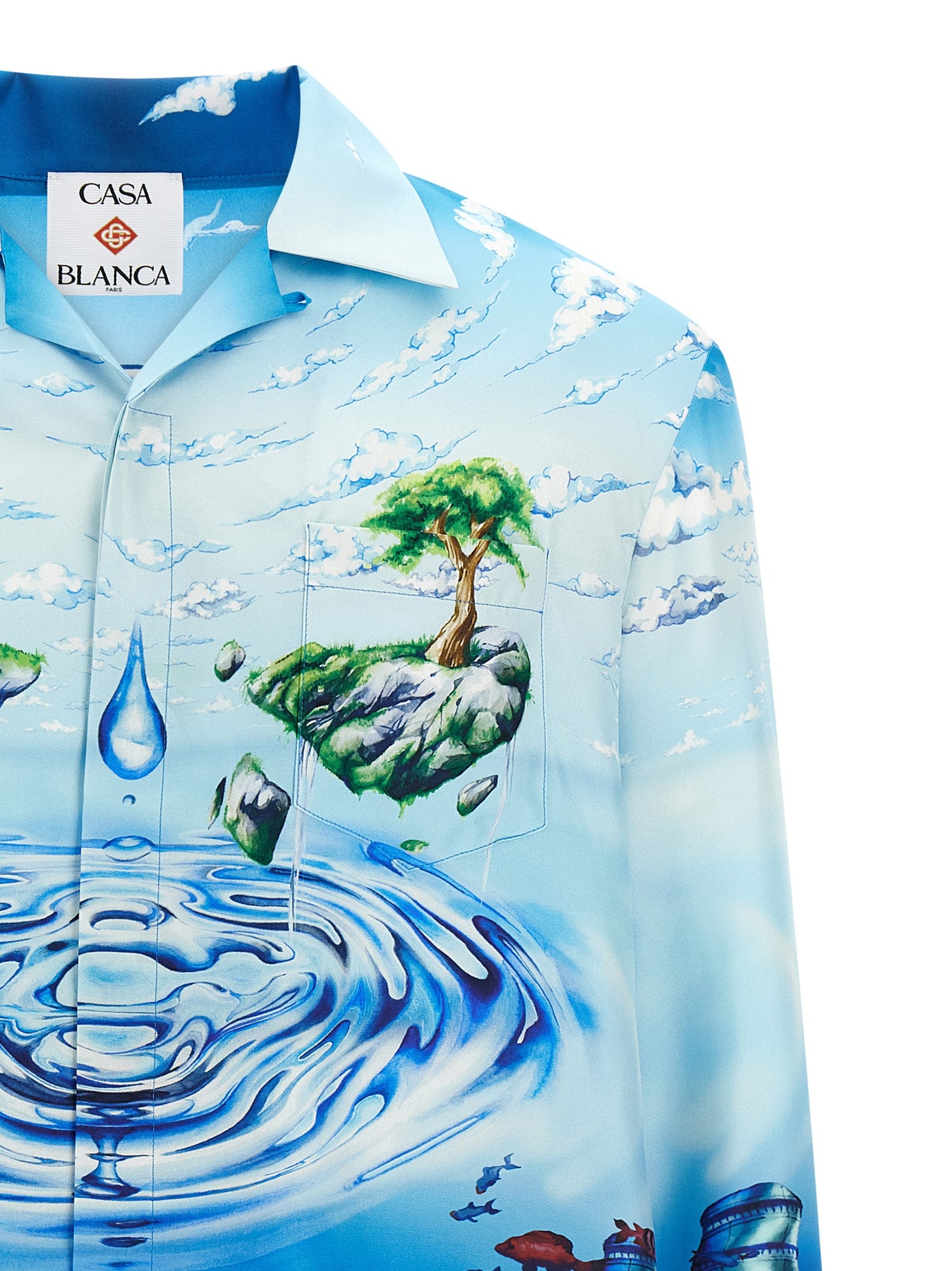 Shirt by Casablanca for men in silk twill multicolor & print showcases a sharp silhouette, elegantly detailed with a sharp cuban-collar neckline and sharp .