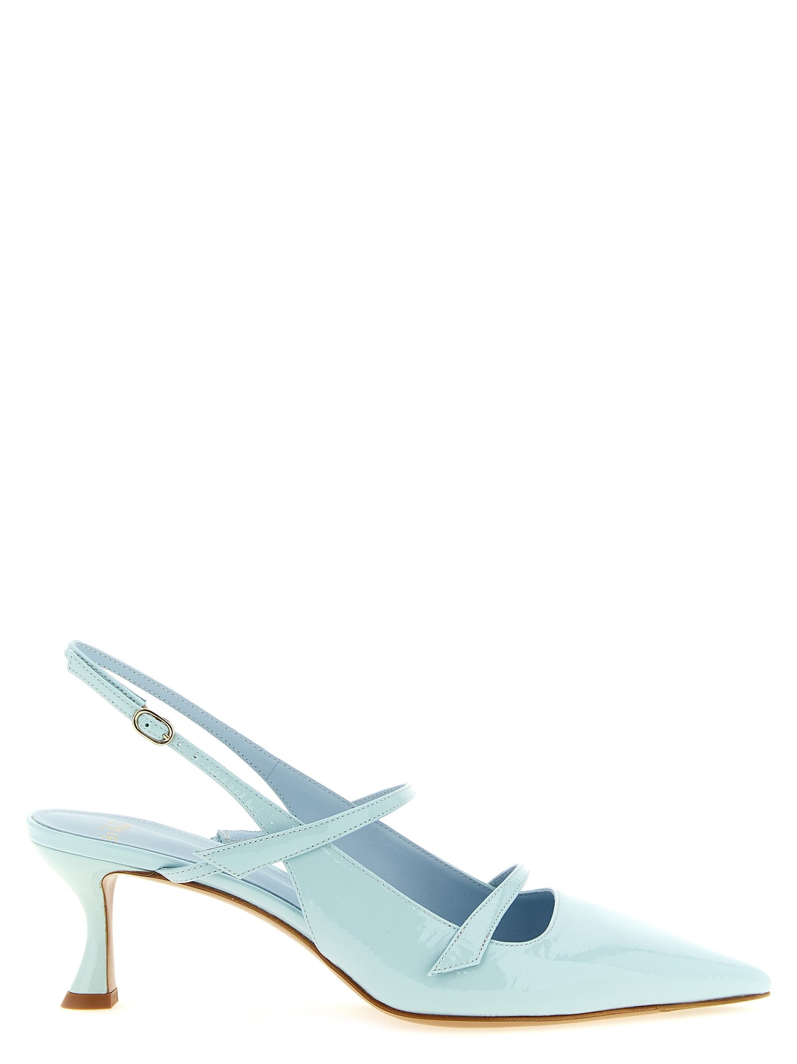 Mid-Heel Spool Slingback Pumps Heels by Alexandre Birman for women in patent cowhide leather and light-blue showcases a effortlessly elegant silhouette as Women's Patent Cowhide Leather Mid-Heel Spool Slingback Pumps Heels, featuring a effortlessly elegant mid-heel spool-heel and a effortlessly elegant pointed toe style for an elegant look.
