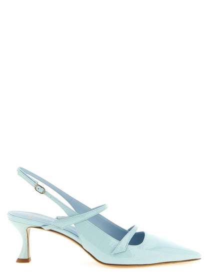 Mid-Heel Spool Slingback Pumps Heels by Alexandre Birman for women in patent cowhide leather and light-blue showcases a effortlessly elegant silhouette as Women's Patent Cowhide Leather Mid-Heel Spool Slingback Pumps Heels, featuring a effortlessly elegant mid-heel spool-heel and a effortlessly elegant pointed toe style for an elegant look.