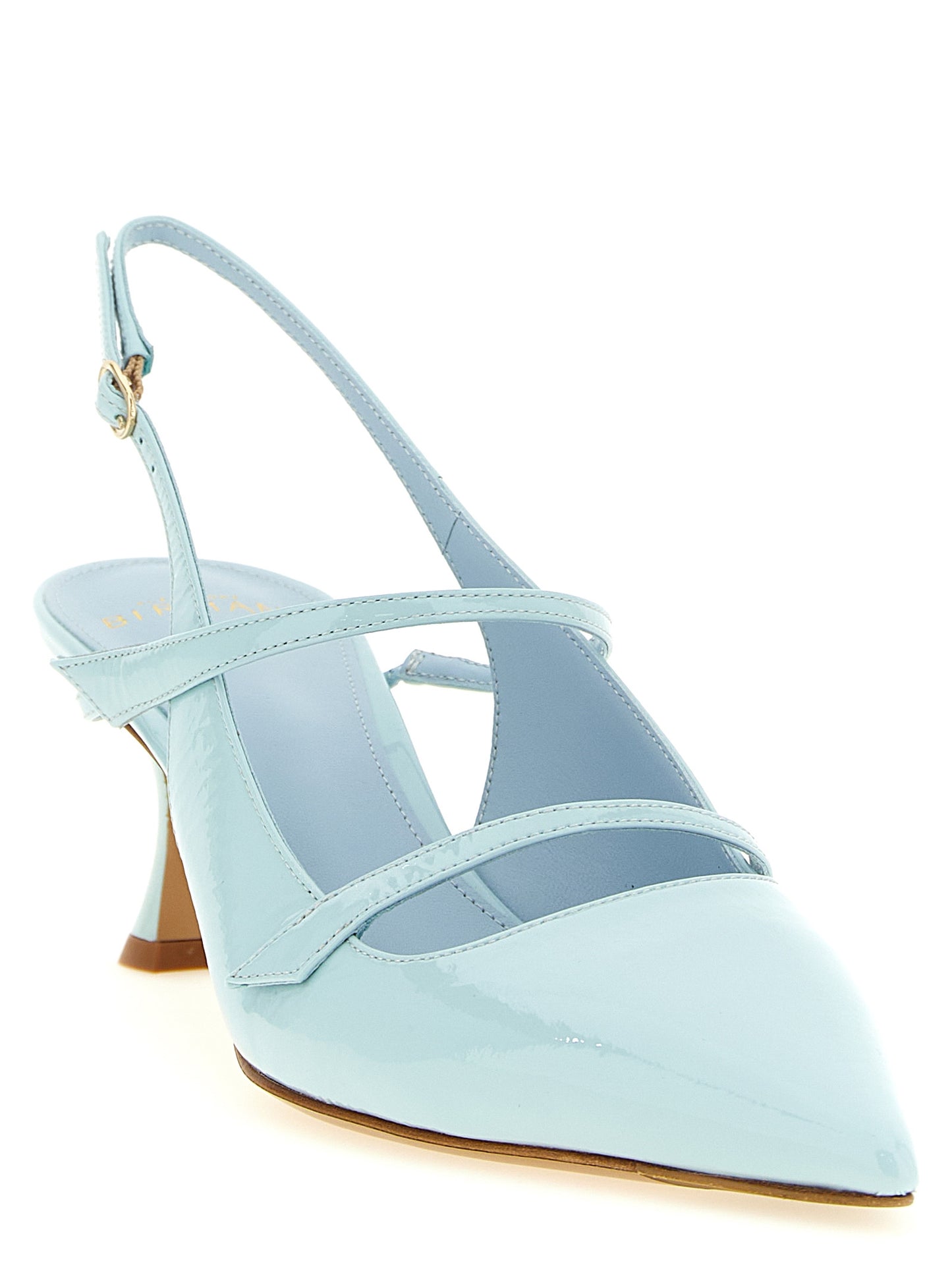 Mid-Heel Spool Slingback Pumps Heels by Alexandre Birman for women in patent cowhide leather light-blue showcases a exquisite silhouette, perfectly accentuating Women's Patent Cowhide Leather Mid-Heel Spool Slingback Pumps Heels with a exquisite mid-heel spool-heel and exquisite pointed toe style.