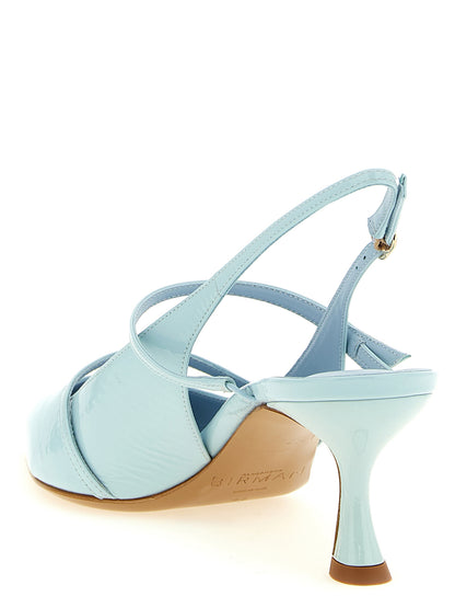 Mid-Heel Spool Slingback Pumps Heels by Alexandre Birman for women in patent cowhide leather light-blue features an effortlessly chic silhouette from the Women's Patent Cowhide Leather Mid-Heel Spool Slingback Pumps Heels collection, showcasing a mid-heel spool-heel and effortlessly chic pointed toe style for a effortlessly chic look.