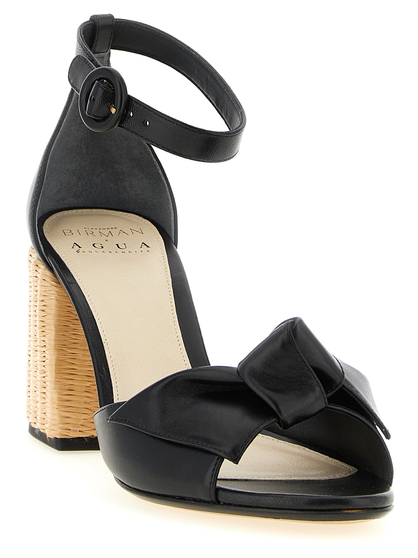 Stiletto Ankle Strap Sandals by Alexandre Birman for women in raffia & bos taurus cowhide leather black features an exquisite silhouette, showcasing the exquisite Women's Raffia & Bos Taurus Cowhide Leather Stiletto Ankle Strap Sandals with a stiletto and .