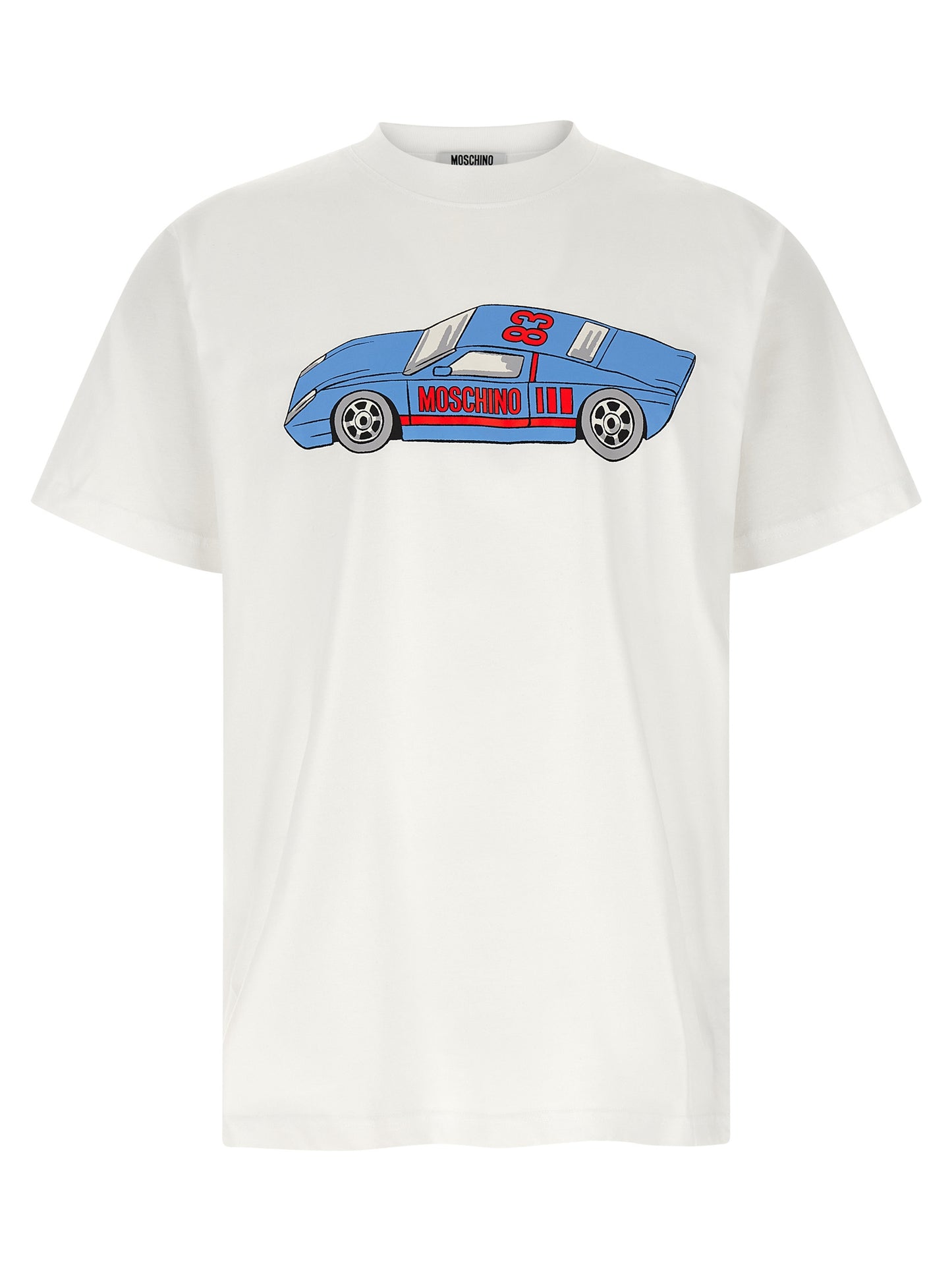 T-Shirt by Moschino for men in cotton white & print showcases a chic silhouette, artfully detailed with a chic crew neckline and short-sleeve for a chic finish.